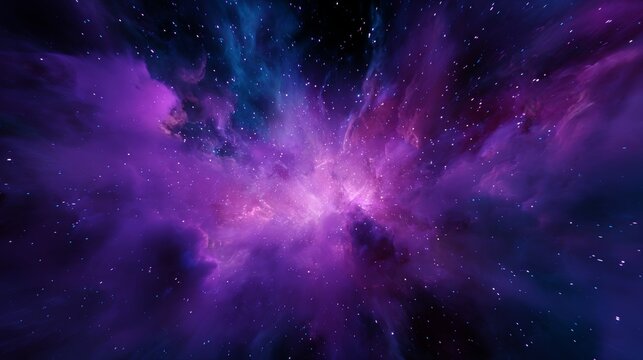 Vivid cosmic display with swirling explosion of colors in deep space, filled with bright stars across purple and pink hues, abstract 3d render background symbolizing galaxy, universe and infinity