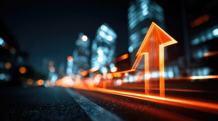 Glowing orange arrow points upward over city street at night