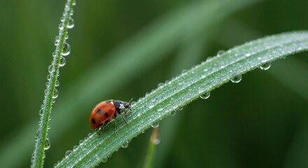 Fototapeta premium Ladybug on dewy grass blade (1)
