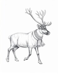 Obraz premium Monochrome Reindeer in Collar Walking on White Background Winter Illustration