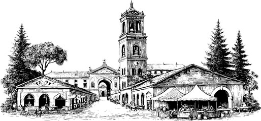 Fototapeta premium Vintage engraving style illustration of historic town square with market stalls
