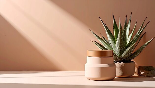 Pastel Beige Potted Succulent Plant Minimalist Home Decor - Powered by Adobe