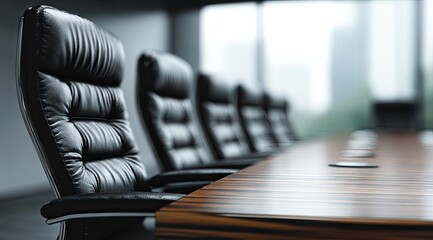 Row of black leather office chairs at a wooden conference table. Blurry background of a modern office space