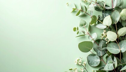 Pastel Green Background with Eucalyptus Branches and White Flowers