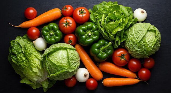 A vibrant assortment of fresh, colorful vegetables including tomatoes, carrots, bell peppers, lettuce, cabbage, and onions, artfully arranged on a dark background, highlighting ...