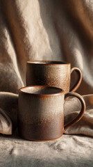 Rustic Ceramic Mugs on Linen Fabric with Warm Tones and Soft Natural Light