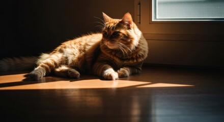 Orange tabby cat basking in sunlit room