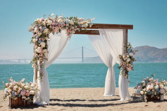 Rustic beach wedding arch with floral arrangements, sheer fabric, and a backdrop of ocean and bridge