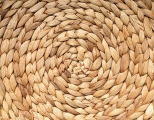 Abstract Circular Pattern Woven from Natural Fibers in Warm Earth Tones Forming a Spiraling Texture