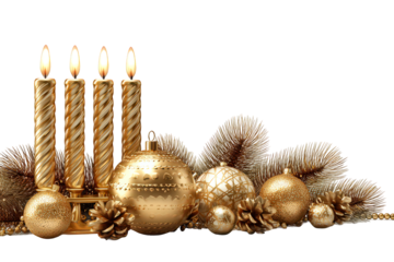 Gold and white Christmas decoration with four candles and pine needles