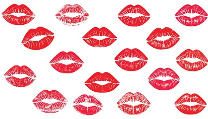 A repeating pattern of textured red lip prints against a white backdrop.