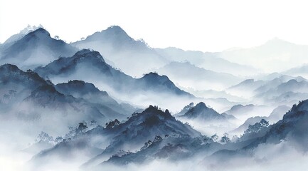 Misty mountain range, painted in soft blues and grays