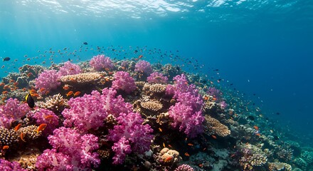 Naklejka premium Vibrant coral reef teeming with colorful fish and pink soft corals under clear blue ocean water with sun rays.