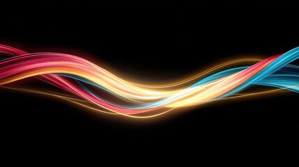 Abstract design with vibrant, swirling, luminous ribbons in red, orange, yellow, and blue, on a black background