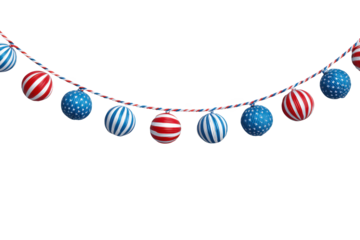 String of American flags is hanging from on transparent background