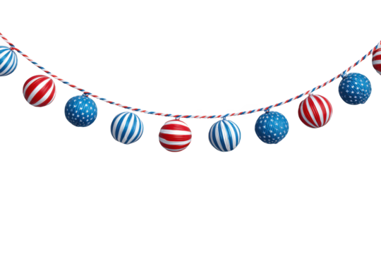 String of American flags is hanging from on transparent background