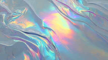 Abstract iridescent fluid forms.  A soft, flowing texture of light gray and pastel hues, with iridescent highlights in a mix of rainbow colors