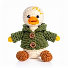 Cute Knitted Duck Toy Wearing Green Coat on a White Background