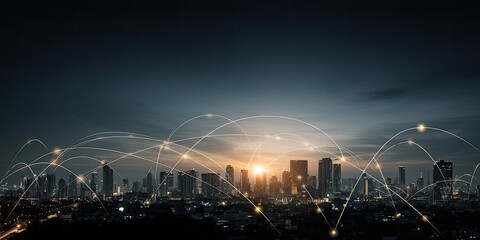 Cityscape at dawn, connected by a network of light trails