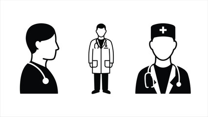 Three simple black doctor icons; profile, full-body, and bust views.