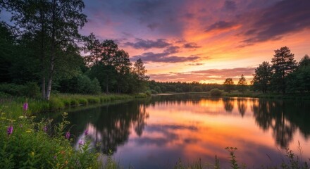 Obraz premium Serene sunset over a tranquil lake, with vibrant colors reflecting on the water's surface, surrounded by lush greenery