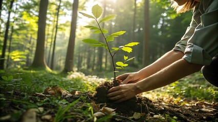 Woman planting a tree sapling in a forest on a sunny day scene