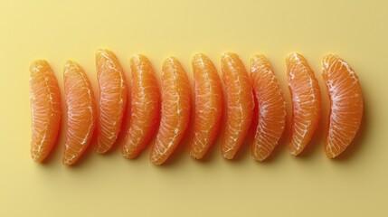 Fresh tangerine segments arranged in a row on a yellow background.