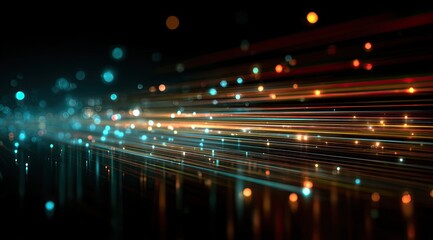 Abstract digital artwork with streaks of light and glowing particles.  Streaking lines of orange, yellow, and teal hues against a dark background.  Scattered glowing dots add depth and texture