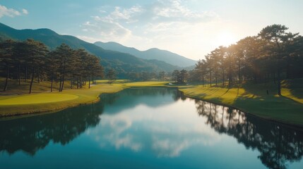 Scenic view of a golf course lake reflecting trees and mountain backdrop. Use for recreation, travel, relaxation or landscape themed presentations.