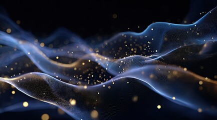 Abstract digital waves of light blue and gold particles