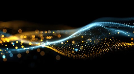 Abstract digital wave, with light blue and gold particles.  Dark background