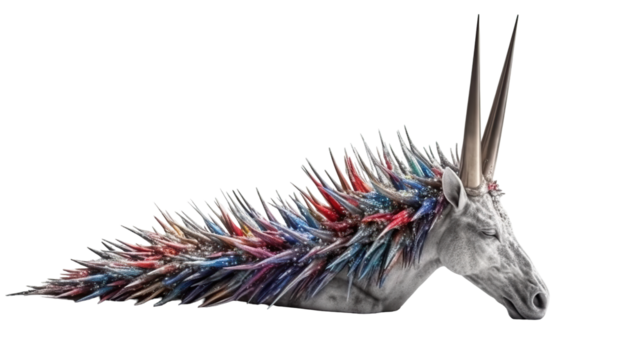 A stylized unicorn head sculpture