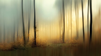Misty forest at dawn.  Golden light filters through fog-shrouded trees