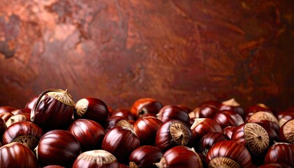 Obraz premium Pile of Brown Chestnuts Against Dark Brown Background