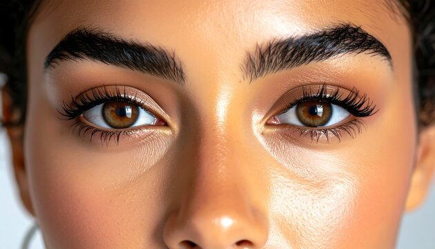 Close-up portrait showcasing a person's expressive eyes and well-defined eyebrows, highlighting the natural beauty of their skin tones and delicate features.