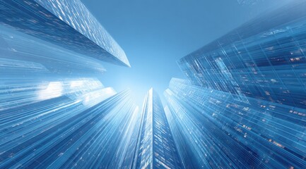 Elevated view of modern skyscrapers.  Glass facades reach skyward against a bright blue sky
