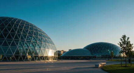 Obraz premium Two large glass geodesic domes, modern architecture, clear blue sky
