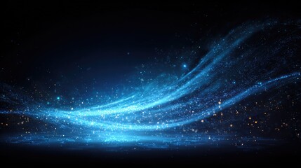 Abstract cosmic dust swirling in deep space.  A vibrant blue light trails through a dark background, scattered with glittering particles