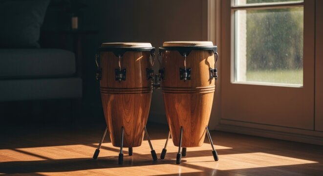 Two wooden congas stand in sunlit room