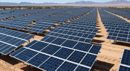 Vast array of solar panels arranged in rows across a desert landscape