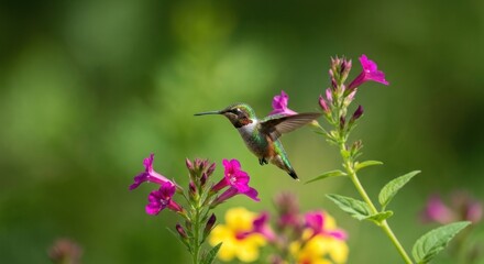 Vibrant hummingbird in flight, surrounded by colorful flowers