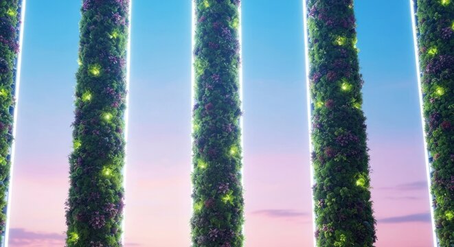 Vertical garden pillars against a pastel sky