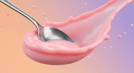 A silver spoon stirs a vibrant pink liquid splash with floating spheres against a gradient background.