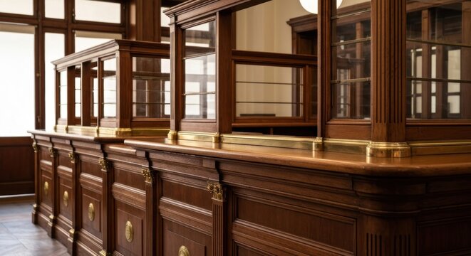 Vintage wooden counters with glass displays in a historical building - Powered by Adobe