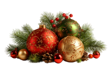 Three Christmas ornaments, one red, one green, and one gold