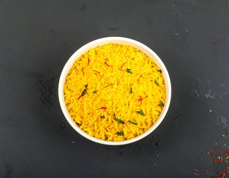 Saffron-infused rice in a white bowl on dark surface - Powered by Adobe