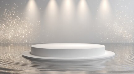 Empty white circular podium on a reflective surface, bathed in soft light