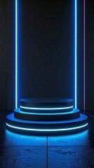 Three Tiered Round Pedestal with Blue Neon Lights and Dark Background Optimized for Adobe Stock