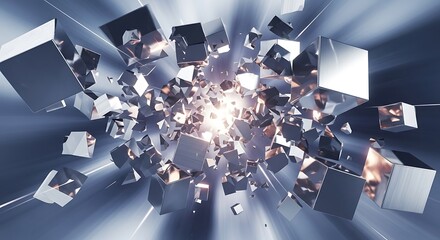 Abstract geometric explosion of metallic cubes with light rays emanating from the center in a dynamic composition