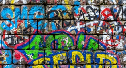 Vibrant graffiti art splashes bold colors across weathered brick wall for urban textures and backgrounds